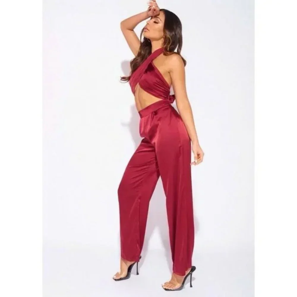 Burgundy Satin Halter Neck Crop Top and High Waist Wide Leg Pants Two Piece Set - Picture 9 of 11